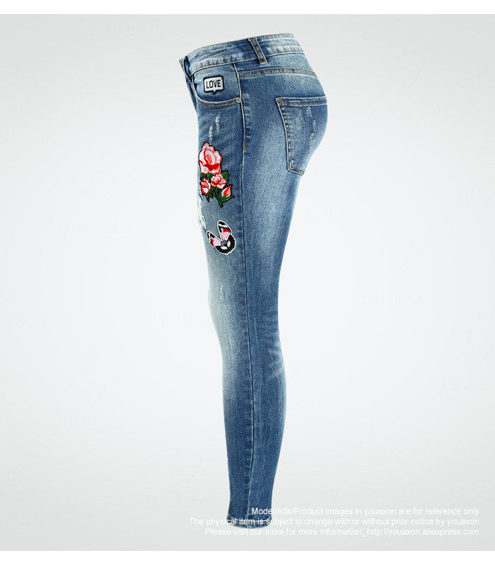 Embroidery Flower Denim Jeans