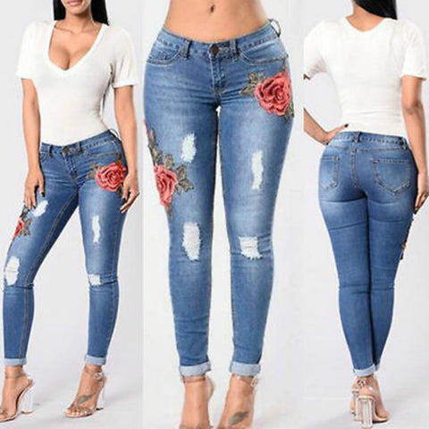 Flower Embroidered Denim Jeans