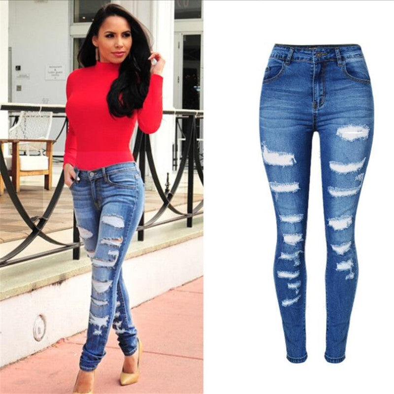 Hole Denim Elastic Jeans