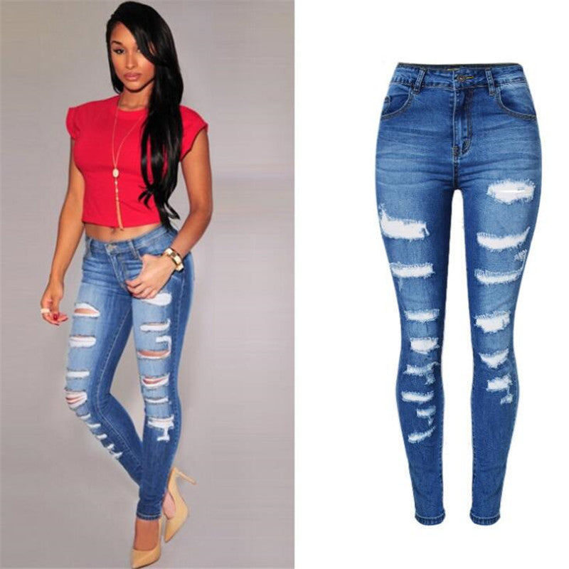 Hole Denim Elastic Jeans